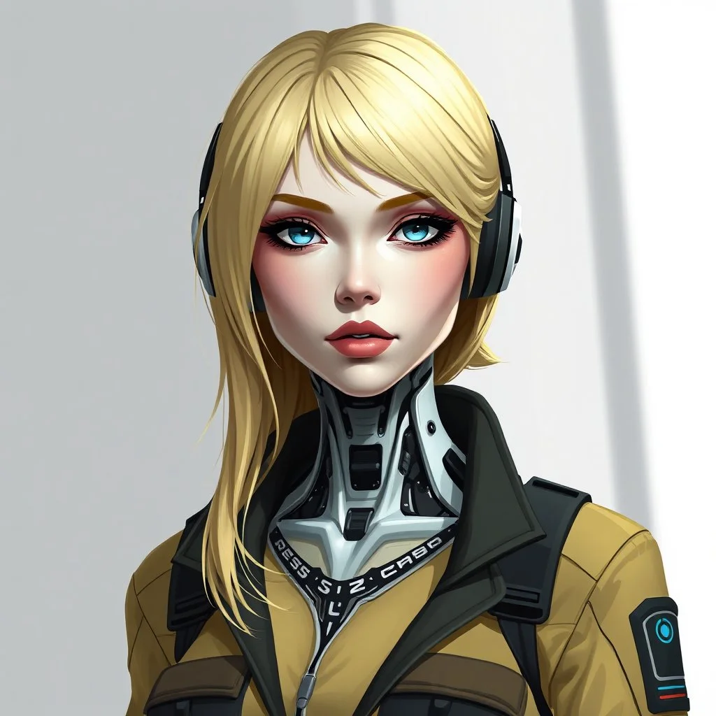 a blonde woman wearing jumpsuit, robotic neck, digital art, stylised