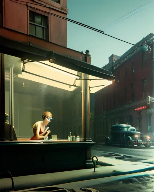 Scene, realistic image, Edward Hopper style, retro futuristic, concept art, smooth, unreal engine 5, god lights, ray tracing, RTX, lumen lighting, ultra detail, volumetric lighting, 3d.