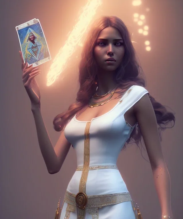 Gipsy, beautiful, curvy body, white fabric dress, beautiful long hair, bandana, head and shoulders portrait, holding tarot card, 8k resolution concept art portrait by Greg Rutkowski, Unreal Engine 5 volumetric lighting