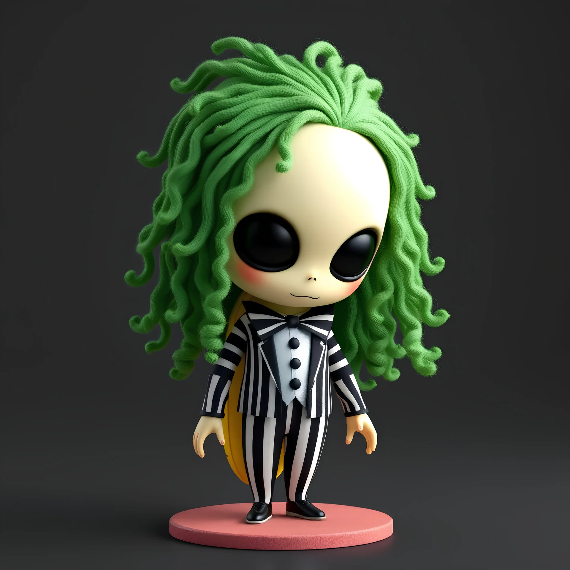 3D chibi banana body character. made to look like beetlejuice with green curly hair