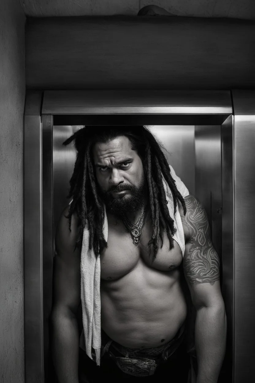 half figure shot photography of two ugly gypsies close, face to face, 30 years old with dreadlocks, overweight muscular chubby, tattoo, beard, bullneck, shirtless, manly chest, hairy torso , embraced, broken short pants,, angry eyes, in an elevator, top light, ambient occlusion, photorealistic, side view from the ground