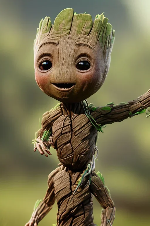 Groot toddler, full body, hair, bokeh, hyper realistic