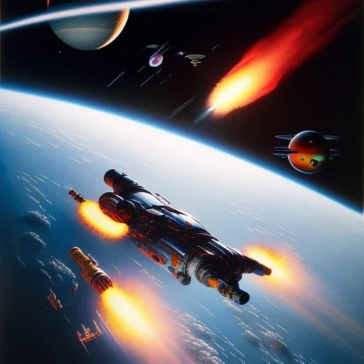 chris foss painting of a space battle collision explosion in orbit