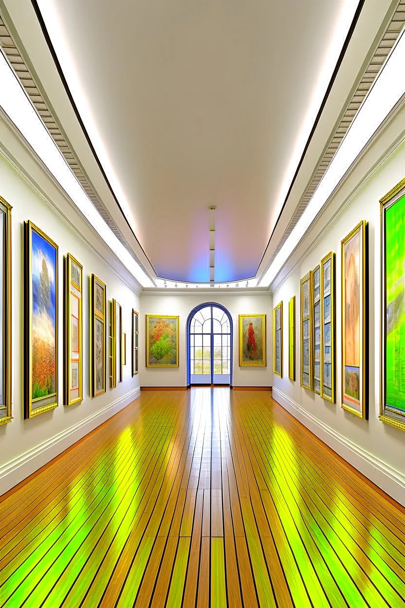 3 D-shot A hall for displaying art paintings. The walls are oval-shaped, and there is an oval wall in the middle of the hall, to divide the hall into two parts, and the paintings are hung on the walls.