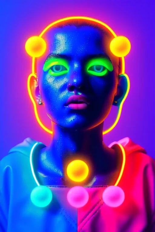 Ultra Realistic image, Rosalía artist, waist up portrait, black eye line, angry face , gold pink and blue geisha style, spray line make up, geometric, led lights, neon, rings piercing, led ornament, fog, bubble latex coat, vibrant color, highly detailed, art stations, concept art, smooth, unreal engine 5, god rays, ray tracing, RTX, lumen lighting, ultra detail, volumetric lighting, 3d, finely drawn, high definition, high resolution.