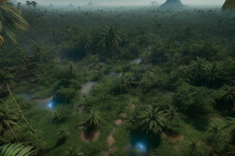 Extreme long shot, Birds Eye view, congo jungle skyline, smooth, god rays, unreal engine 5, ray tracing, RTX, lumen lighting, ultra detail, volumetric lighting