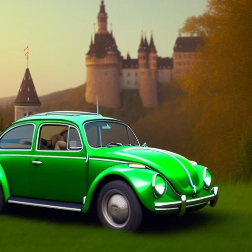 An old green VW Beetle, driving towards an Austrian castle, 8k, HD, cinematography, photorealistic, Cinematic, Color Grading, Ultra-Wide Angle, Depth of Field, hyper-detailed, beautifully color-coded, intricate details, beautifully color graded, Cinematic, Color Grading, Editorial Photography, Depth of Field, DOF, Tilt Blur, White Balance, 32k, Super-Resolution, Megapixel, ProPhoto RGB, VR, Halfrear Lighting, Backlight, Natural Lighti