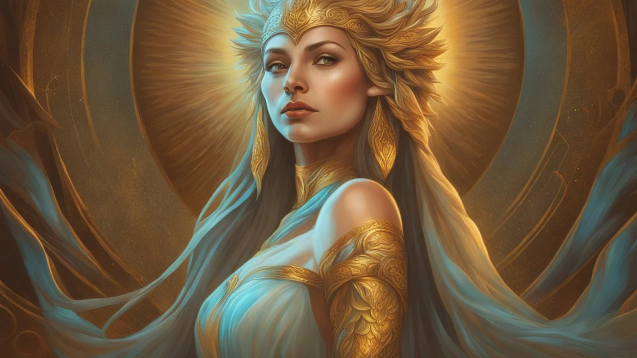 The stunning beautiful goddess of light. concept art, mid shot, intricately detailed, color depth, dramatic, 2/3 face angle, side light, colorful background. Painted by Julie Bell