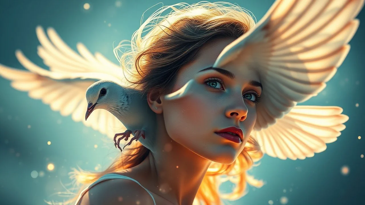 Fairytale Double Exposure. Close-up portrait of a Dove Woman in flight, Soft, warm light illuminates her, Detailed, realistic painting style reminiscent of Pino Daeni, Jeremy Mann and James Gurney. Soft, golden lighting with subtle shadows. High contrast, 16k resolution. Blue hues, Fine art, realistic, with abstract vector fractal elements in the background, evoking a sense of zentangle-inspired, fairytale wonder. Delicate, soothing colors with subtle 3D shadows