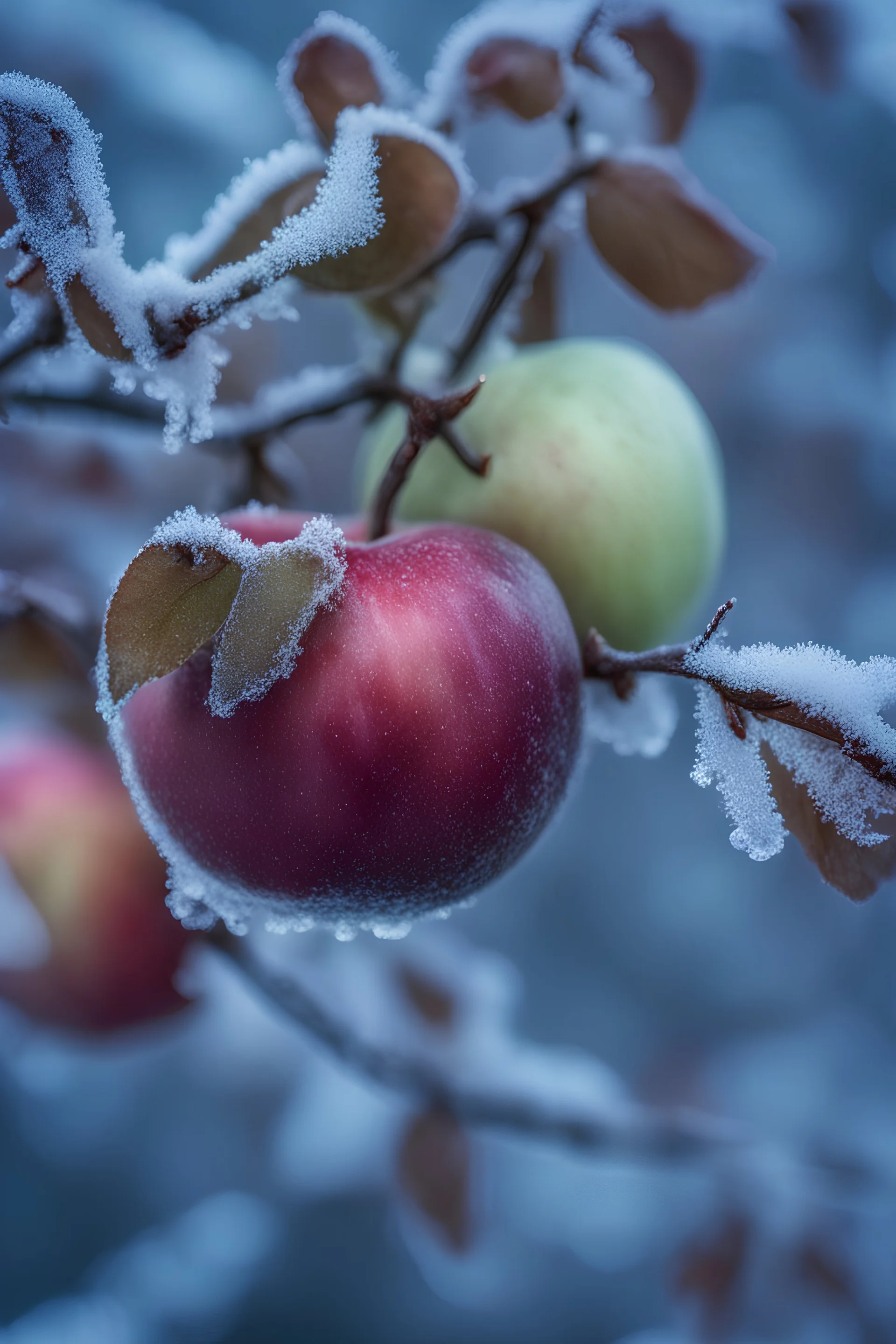 Frost on plants and branches of apple tree with frozen apples, cold colors, close-up, bokeh, f/ 1. 2, UHD, 8k 3 Natural light 3 Super resolution microscopy 3 -aspect 916 -stylize 500 -chaos 20,