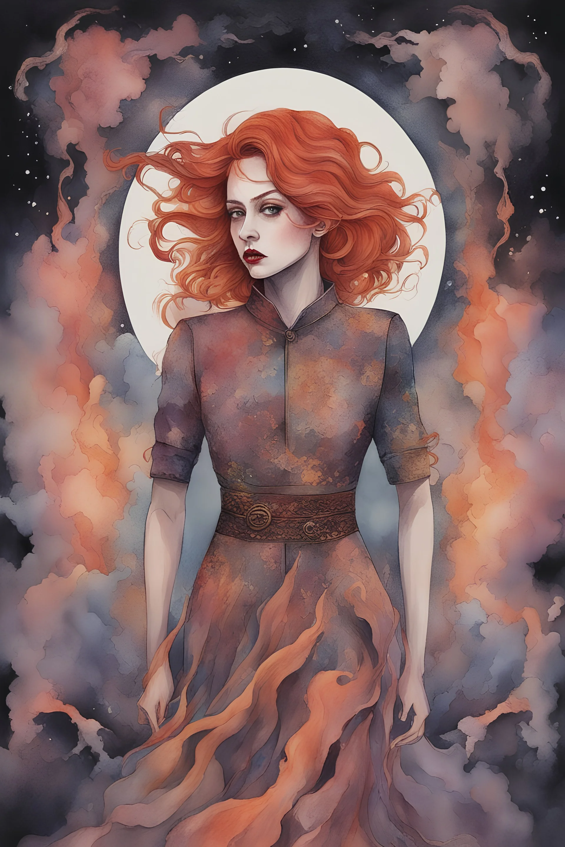 masterpiece, best quality, sharp focus, 8k, intricately detailed environment, anime, colorful, bright colors, whimsical, cosmic space landscape, Dark vibes, redhead lady scream with anger in dark glowing dress, perfect face, portrait, fiery eyes, watercolor, flowers