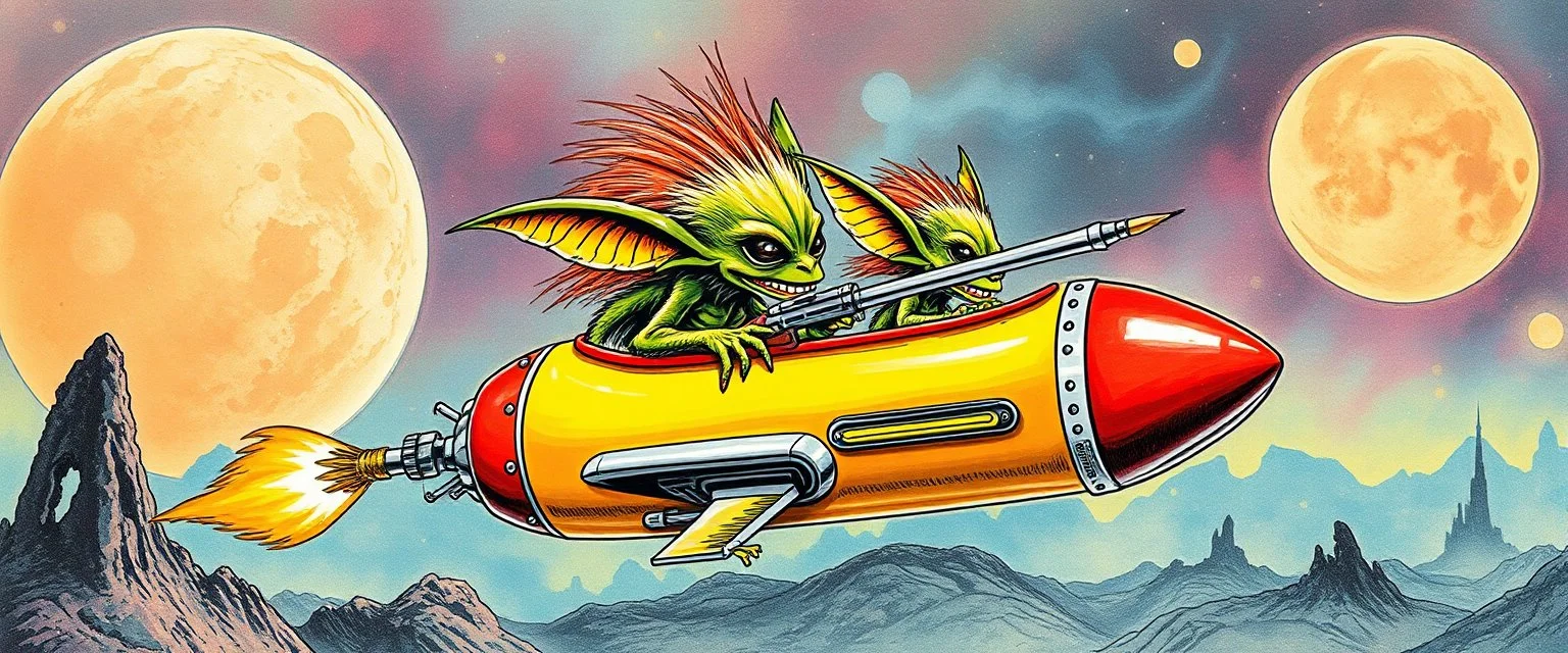 hairy macho gremlin aliens living in a hi tech marvellous hot dog rocket with a mounted sling shot, heading for venus, airbrush with pen outline