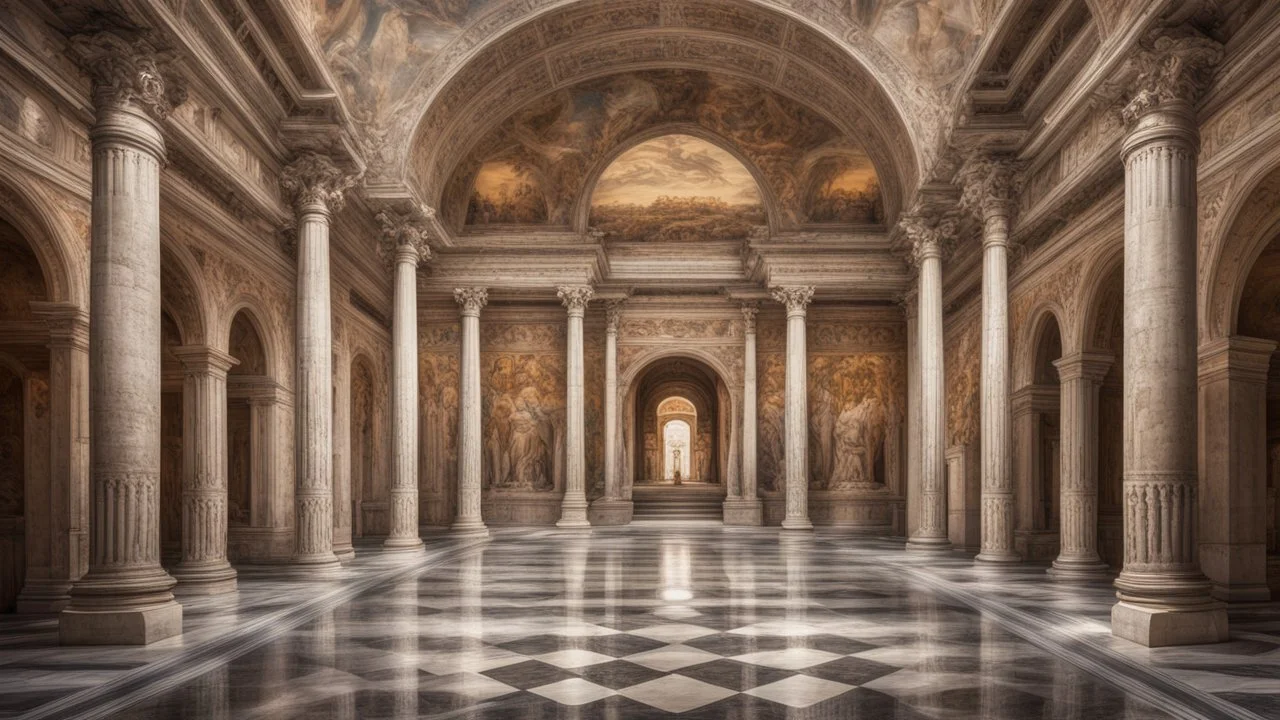 symmetrical view inside a palace in ancient Rome showing rooms, halls, courtyards, sparkling fountains, perfect symmetry, luxury, magnificent, marble statues, coloured pictorial tapestries, paintings, dream world, calm beauty, symmetry, fantasy world, magic, splendor, uplifting, inspiring, therapeutic, chiaroscuro, color, award-winning colour photograph, beautiful composition, exquisite detail, Nikon 135mm