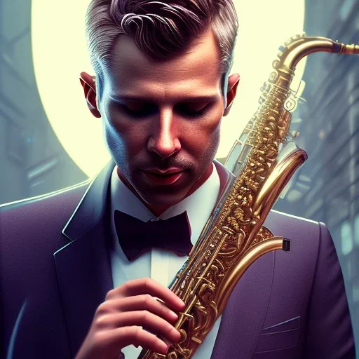 portrait of peter dobson playing saxophone, blade runner, low key lighting, volumetric light, digital art, highly detailed, fine detail, intricate, ornate, complex, octane render, unreal engine, photorealistic