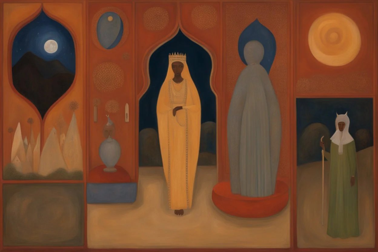 a scene from 1001 Nights by artist "Betye Saar",by artist "Leonora Carrington",by artist "David Inshaw"