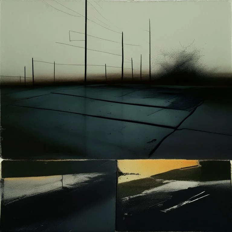 Minimal abstract oil paintings desolate 1960s carpark concrete fragments at dusk sunset. In the style of Justin Mortimer and Francis Bacon. road markings.