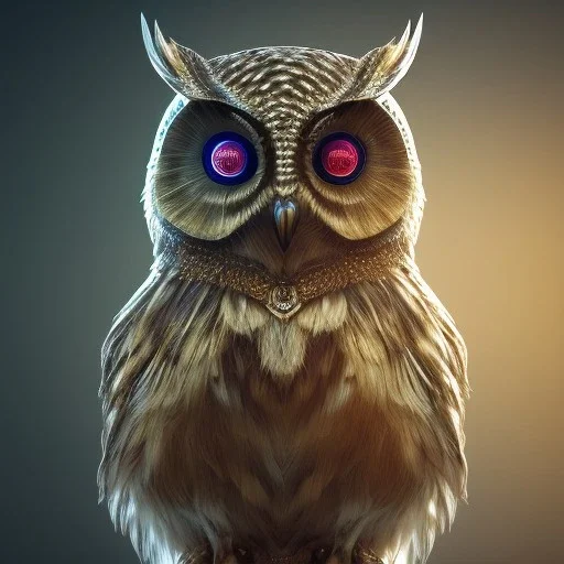 Owl,full body shining gold metal, elegant, bokeh, volumetric lighting, extreme detail, Photorealism, High detail, Hyper macro lens blur, 100mm, cinema4d, HDR, 8k, unreal engine 5