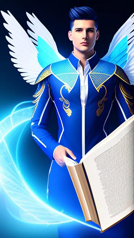 a human male with blue short hair and blue wings in assymetrical armor with geometric patterns and a book in hand, geometric wings