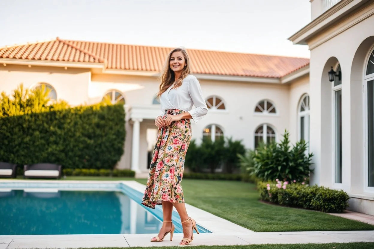 very beautiful lady with beautiful midi skirt and blouse standing in a luxury villa yard with high heels looking to camera