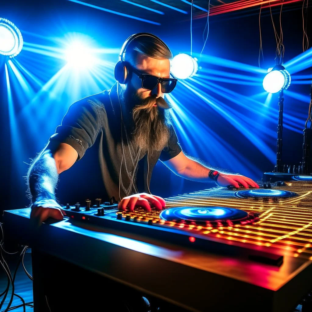 Dance hall ,dj play ,laser lights, beard DJ play music with DJ desk