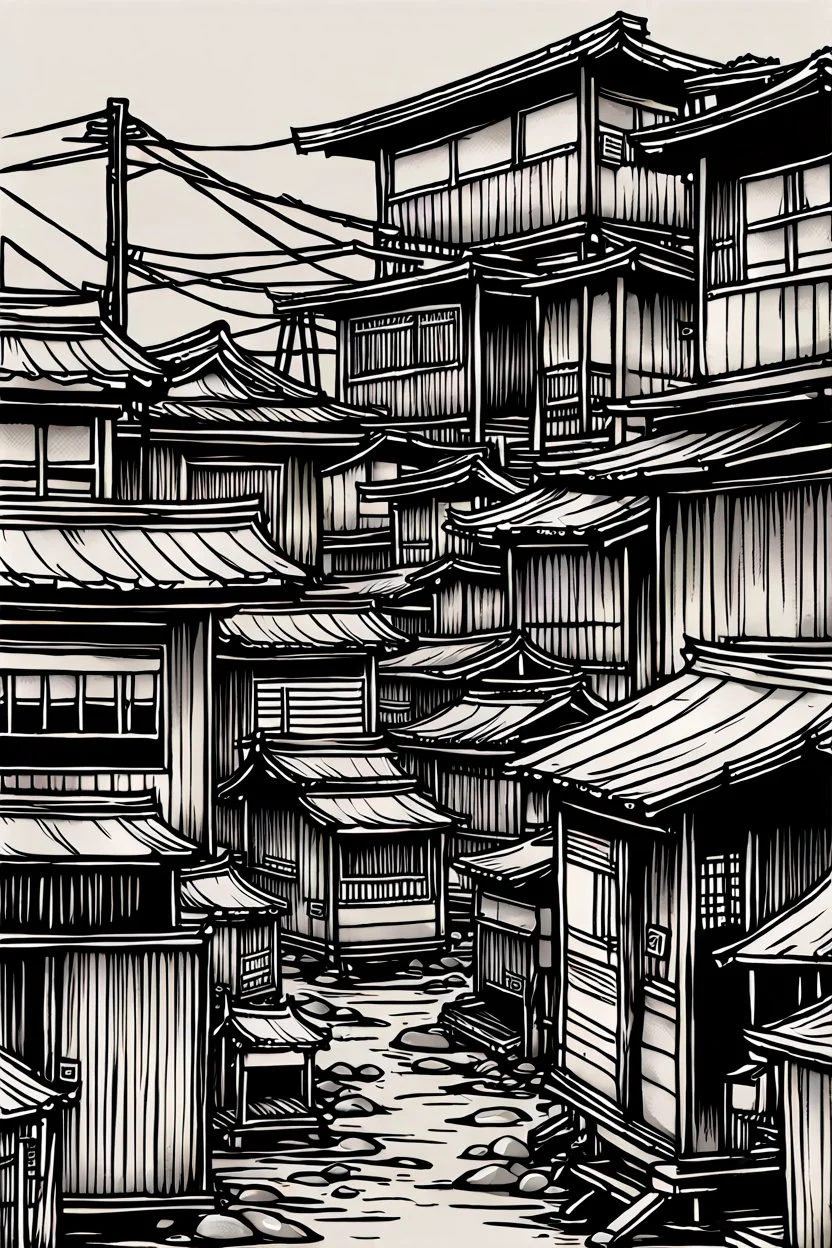 Japanese shanty town, greyscale, thin line arts