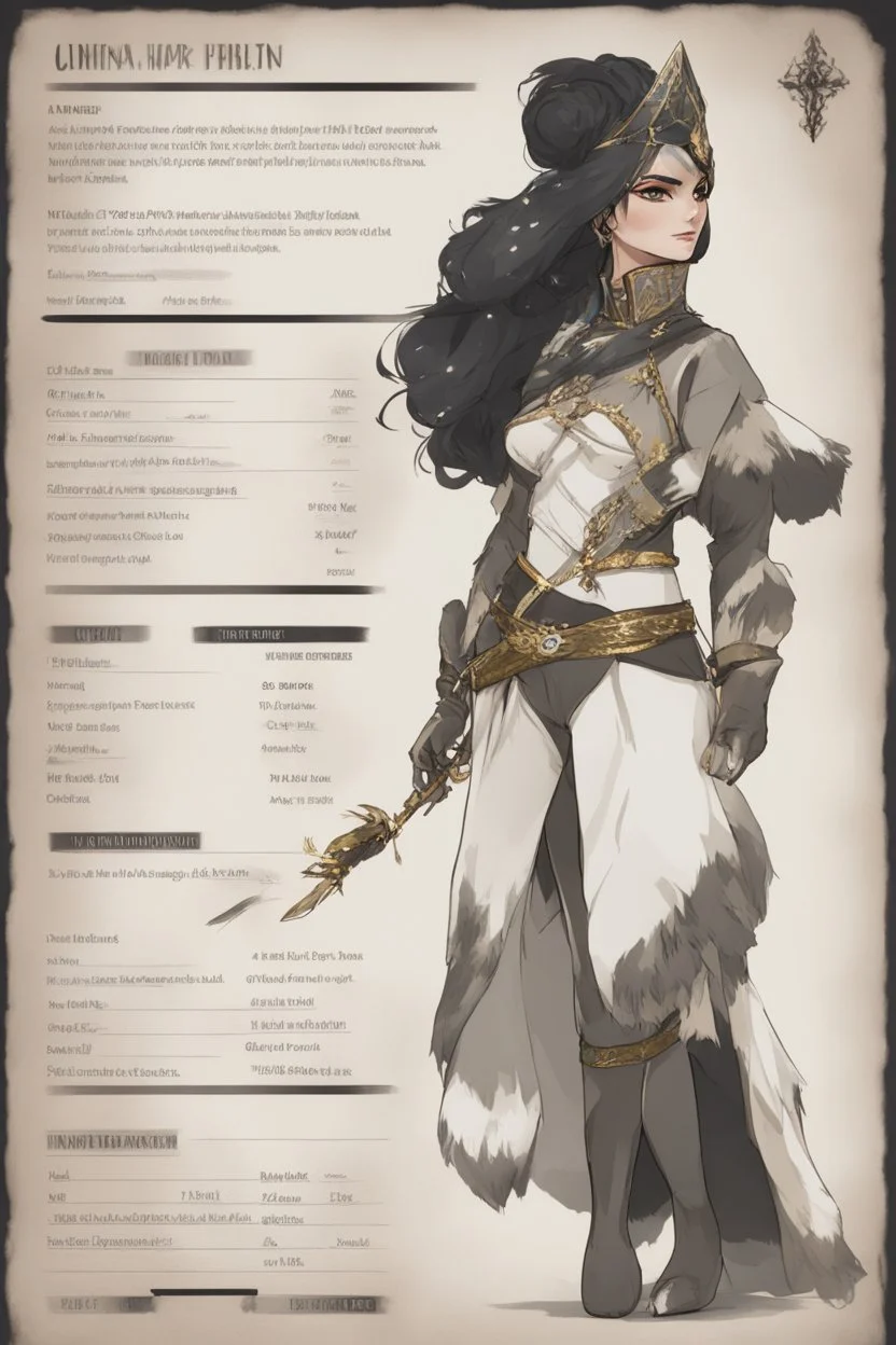 A dnd character sheet. A woman dressed for the cold north in black and white furs, with black hair and gold eyes.