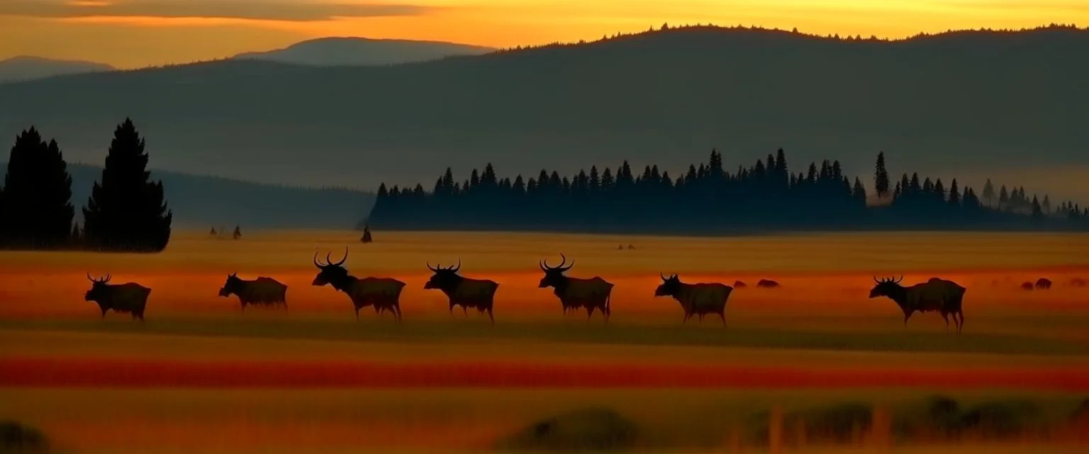 Elk crossing a prairie field, magic hour