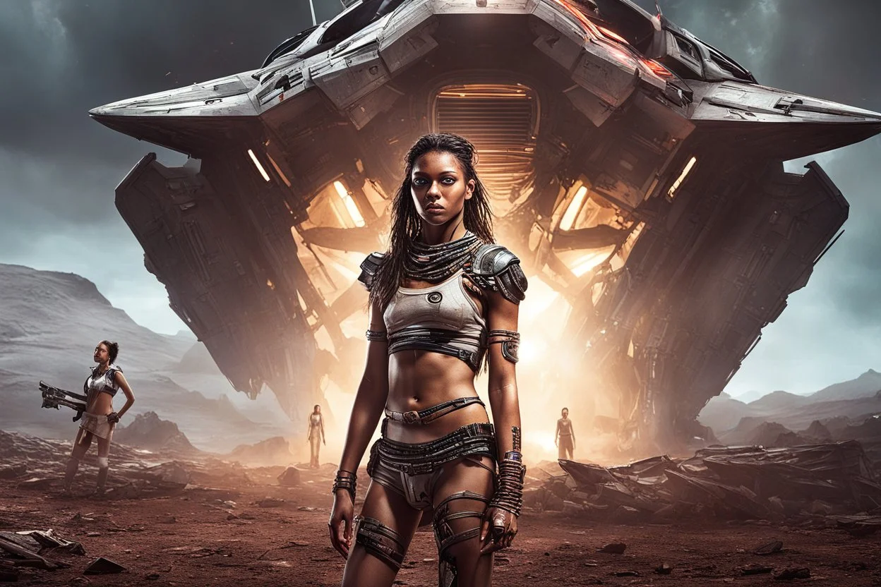 Beautiful girl with rainbow eyes, tribal warrior, strong, resilient, defiant, full body, with family of 5 beside her, defending, Masterpiece, best quality, cinematic lighting, futuristic, standing in front of crashed spaceship, tough stance.