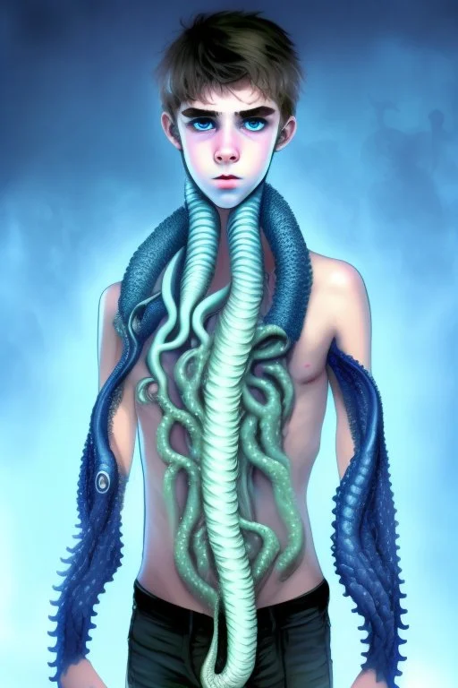 16 year old boy warlock with milky blue eyes, and lamprey tentacle growing out of his belly. in the style of HR Giger