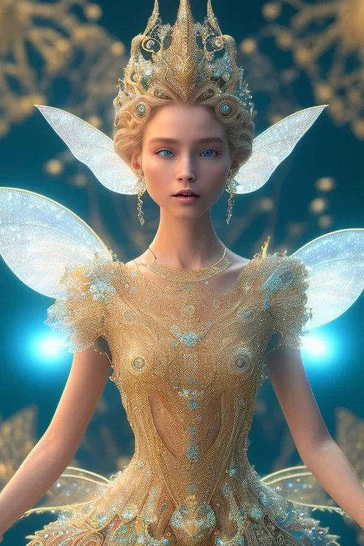 A portrait of a crystalline faery, smile, mythical,fantasy , magnificent, majestic, highly intricate, Realistic photography, incredibly detailed, ultra high resolution, 8k, complex 3d render, cinema 4d