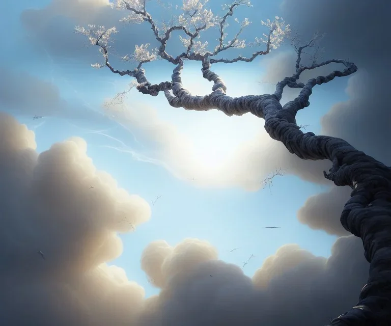 a beautiful digital painting of a marble tree entertwined in tumutluous clouds, intricate white branches and birds flying in the sunlight, blue sky at sunset, elegant, highly detailed, artstation, concept art, matte, sharp focus, art by tom bagshaw, kelogsloops and greg rutkowski