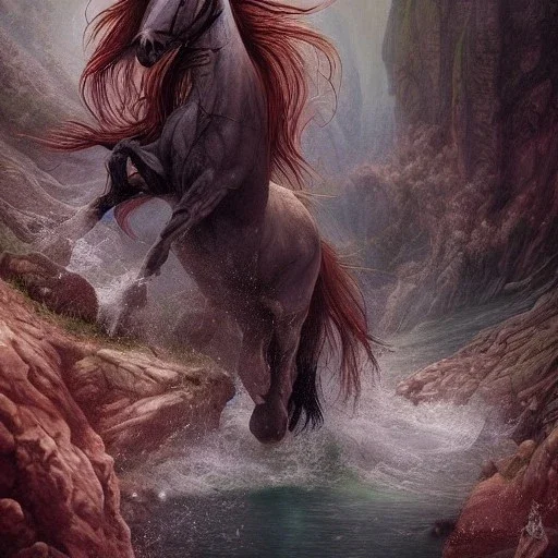 ::Beautiful Centaur.Creature of a combination of a man, and a horsehalf horse, and half human::Arrives into Acheron River, insanely detailed and intricate, colourful, abstract,fantasy,hyperrealism, delicate, high definition, detailed, complex, triadic vibrant colour,artistic,beautiful creauture, by Tom Bagshaw,