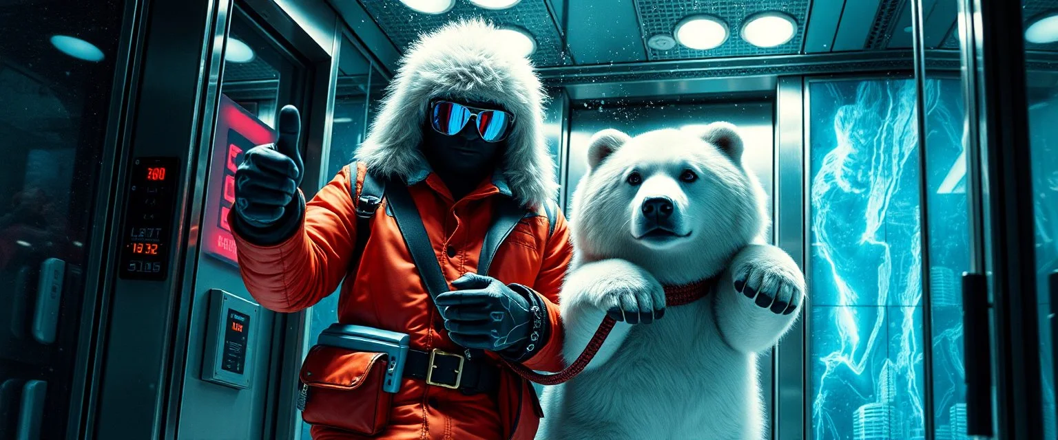 frankie picks up and carries rasta bad ass criminal frost cyberpunk bard into hi tech glass elevator, he give a thumbs up with blue driving glowes, holding an calm big eskimo dog bear on a leash