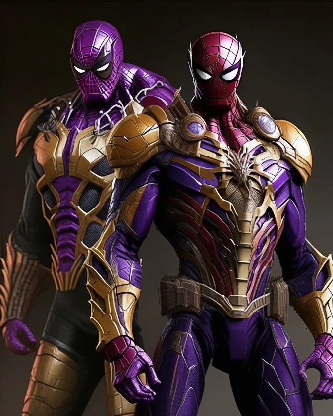 The combination of spider man and Thanos A brave warrior with a battle suit made of leather and robotic metal