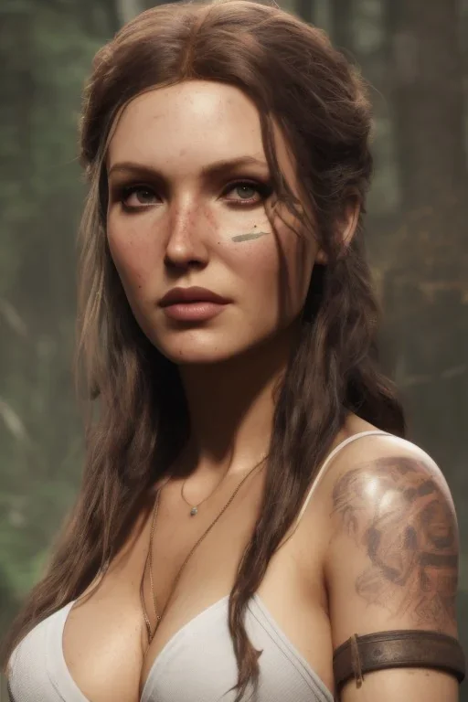 portrait busty and face, camilla luddington abandoned, big busty, T-shirt lara croft clothes,brian froud, howard lyon, selina french, anna dittmann, annie stokes, lisa parker, greg rutowski