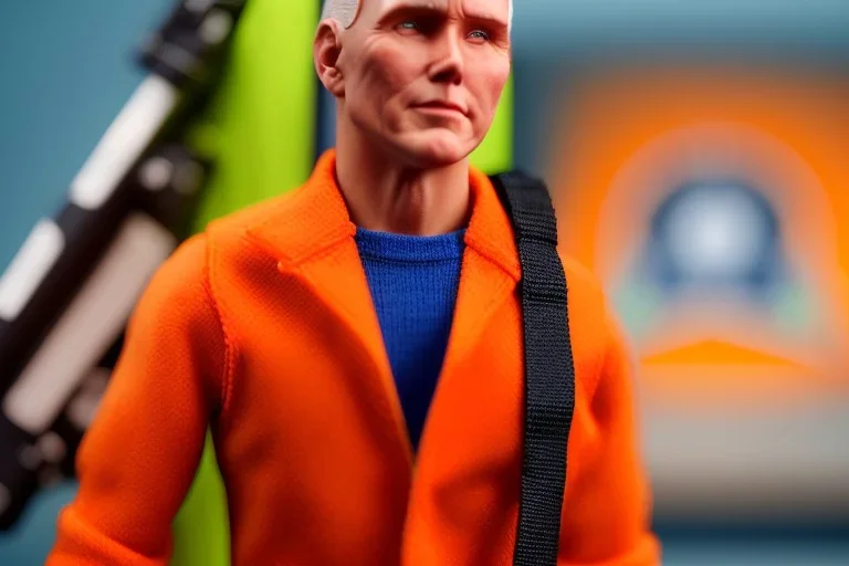 Mike pence G.i. joe toy doll space force uniform inside a blister package hanging on A rack in toystore, fluorescent orange, wide angle shot whole body, black moonboots, Green pricetag, whole body