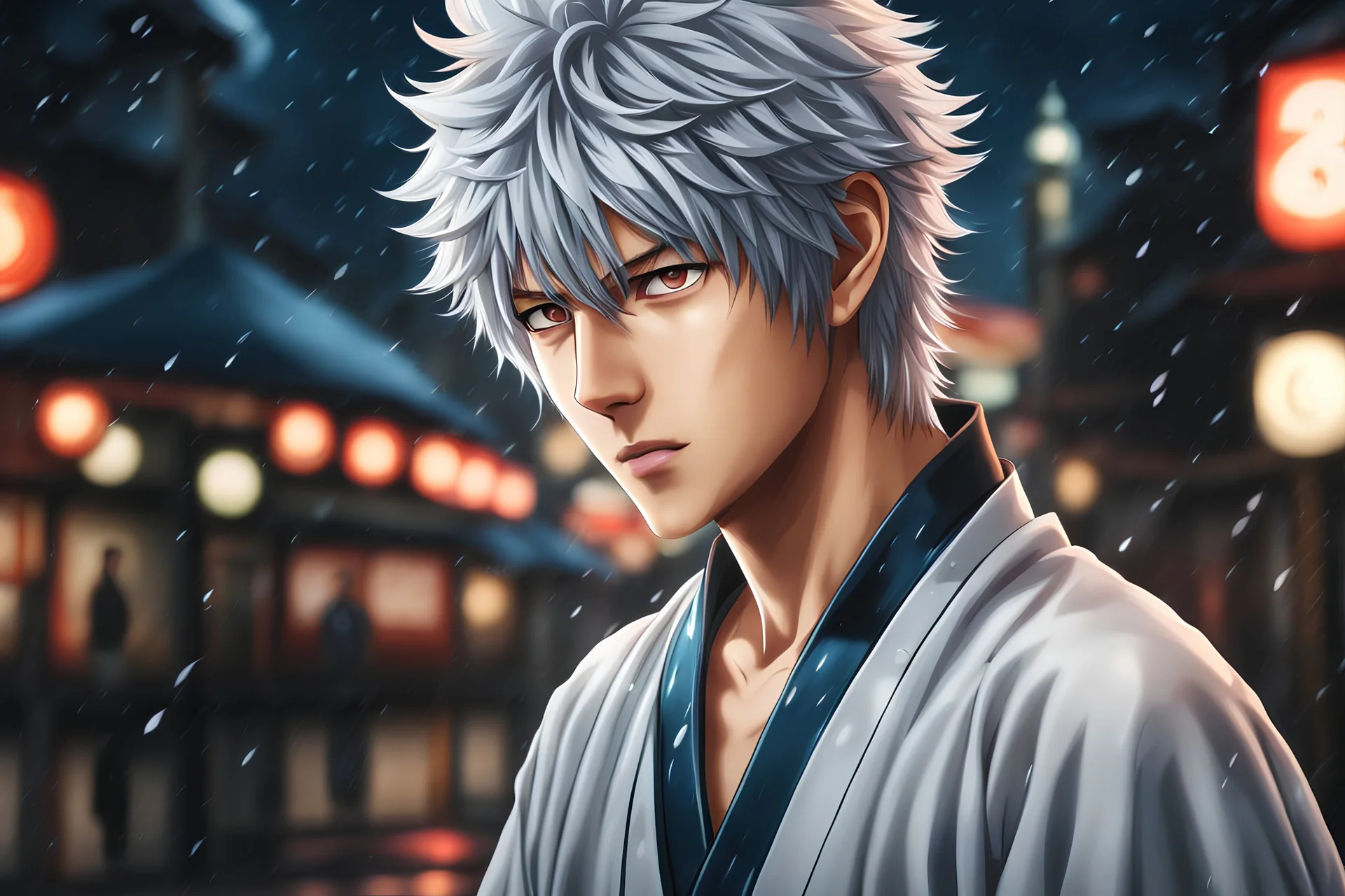 Gintoki in 8k 2D anime realistic drawing style, Gintama costum, close picture, rain, japan, highly detailed, high details, detailed portrait, masterpiece,ultra detailed, ultra quality