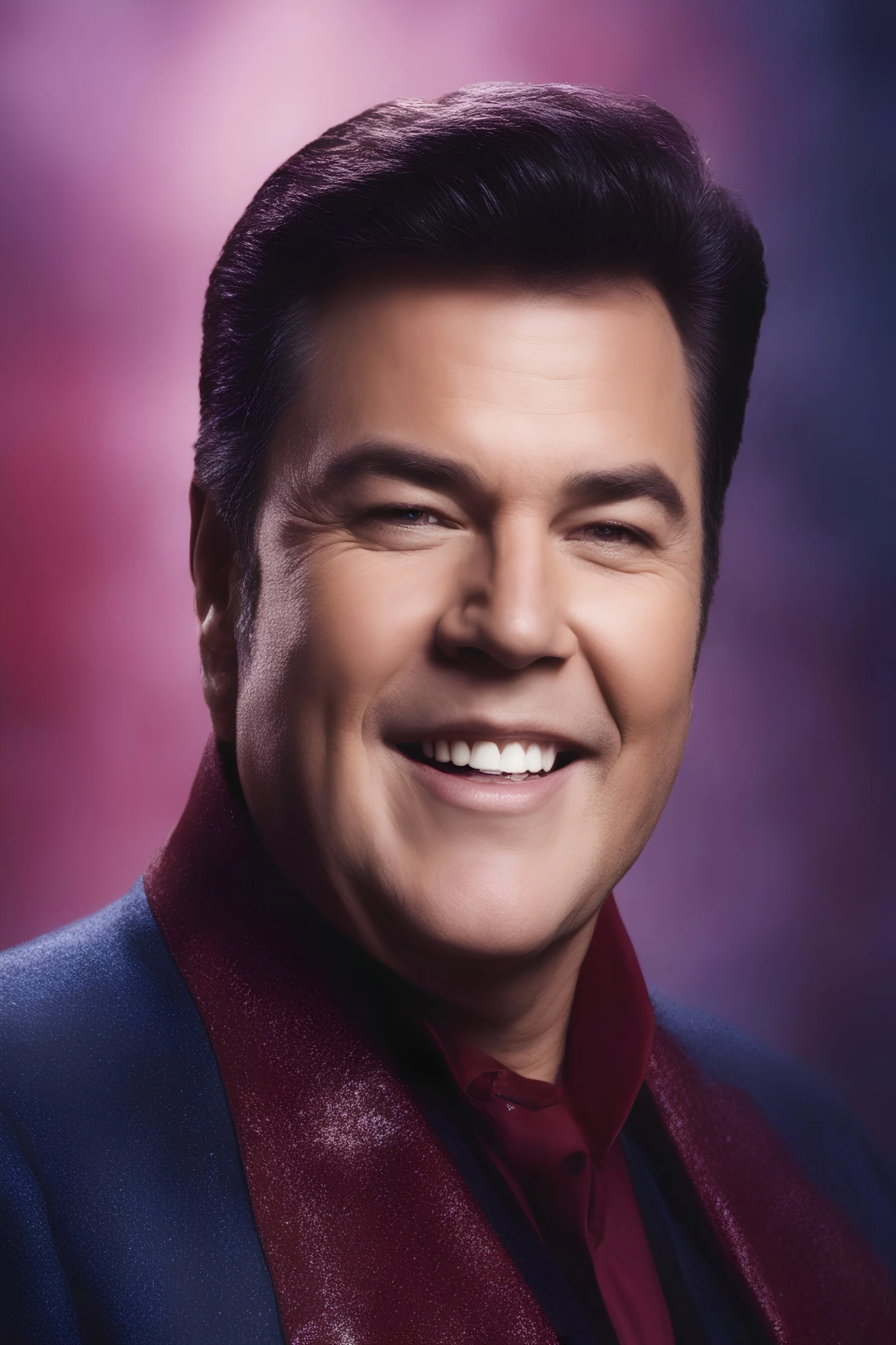 facial portrait - Elvis William Shatner, Smiling - 32k, UHD, 1080p, 8 x 10, glossy professional quality digital photograph - dark blue and dark red, and light maroon and purple and foggy black gradated background, historic, powerful, octane rendering, exquisite detail, 30 - megapixel, 4k, 85 - mm - lens, sharp - focus, intricately - detailed, long exposure time, f8, ISO 100, shutter - speed 1125, diffuse - back - lighting, ((skin details, high detailed skin texture)), (((perfect face))),