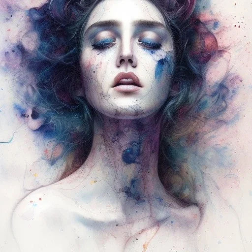 singer Danish MØ face, watercolor illustration by <agnes cecile> <Jackson Pollock>, darkblue tones,intricate detail , soft smooth lighting, soft pastel colors,