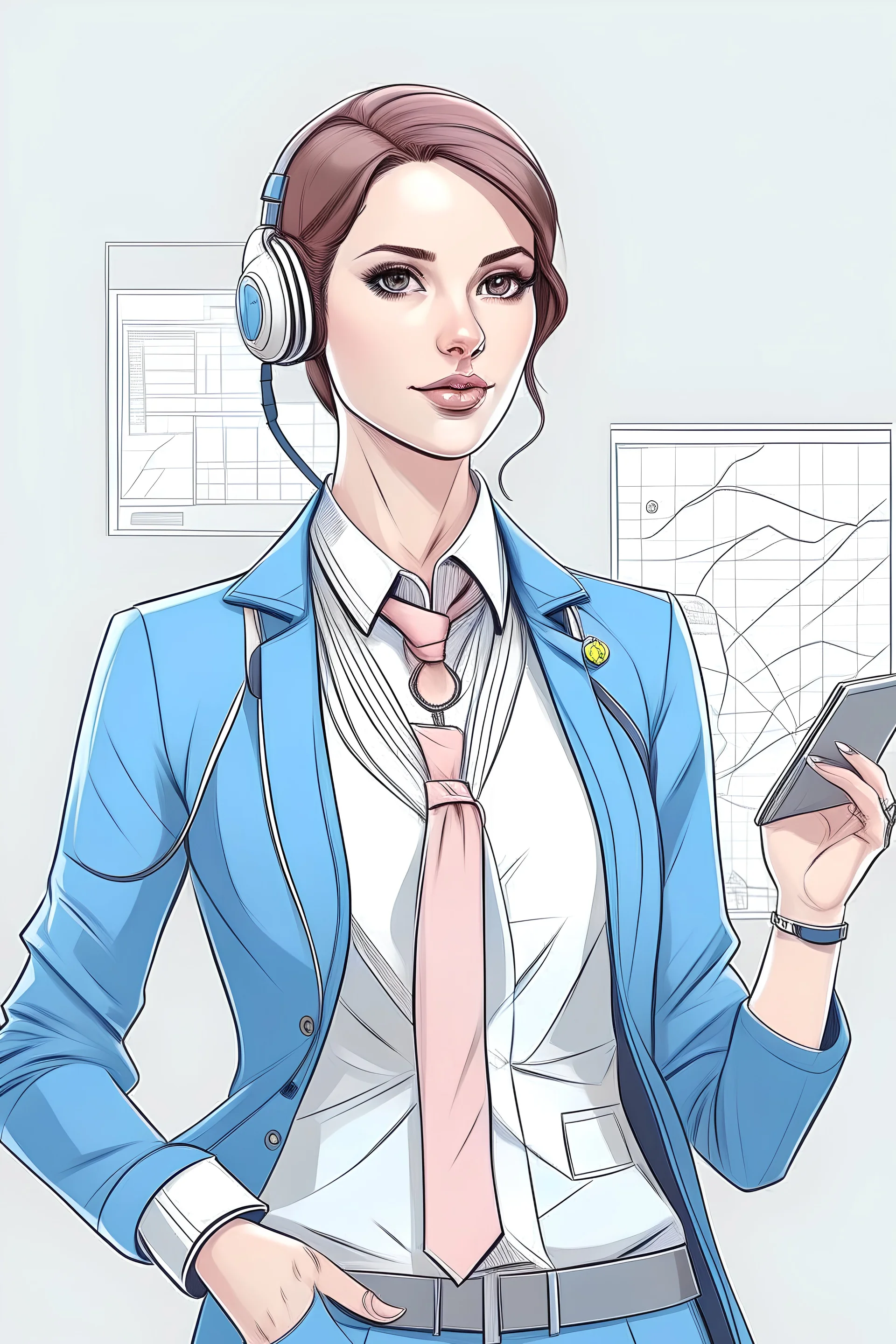 draw realistic attractive front view descent image of female engineer with Full lips with a natural pinkish hue and An engineering workspace or office setting with technical drawings, a computer,.and with Practical yet stylish shoes, blue blazer Accessories like delicate earrings, a simple necklace, and a smartwatch or bracelet.it hsould be colourful