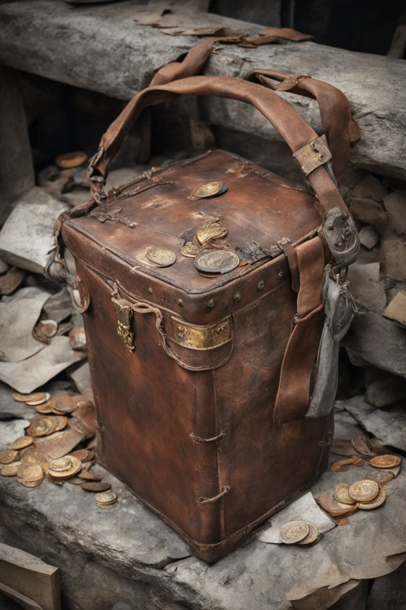 in the BASEMENT there is an old, broken brown oblong leather chest with short handles, from which gold coins from the time of Catherine the Great fall out. The ancient coat of arms of tsarist Russia, the double-headed eagle, is BARELY VISIBLE on the bag. There are a lot of broken bricks and earth around the bag. All in high quality 8K