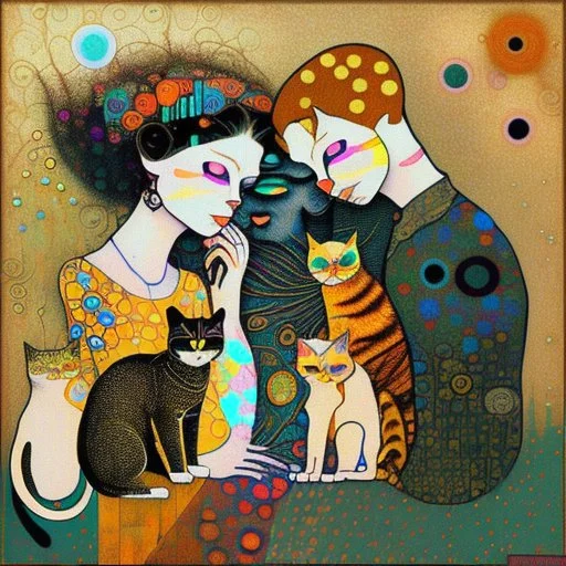 Random people and cats, random environment, random artistic style, random mixed techniques, random colours, random shapes, minimalist, creative, Precise figures, realistic textures, Klimt