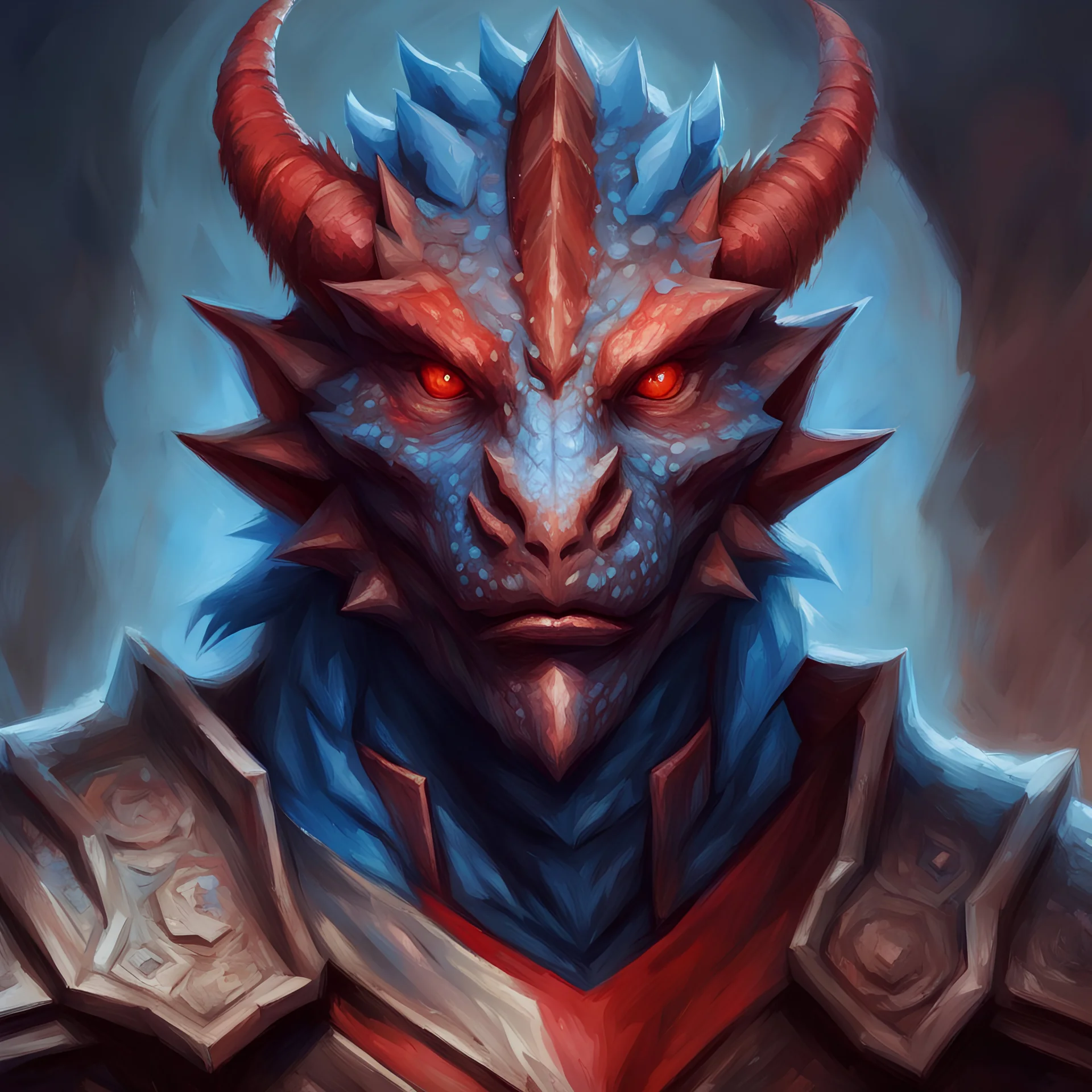 dnd, portrait of dragonborn with red scale and crested head and blue eyes