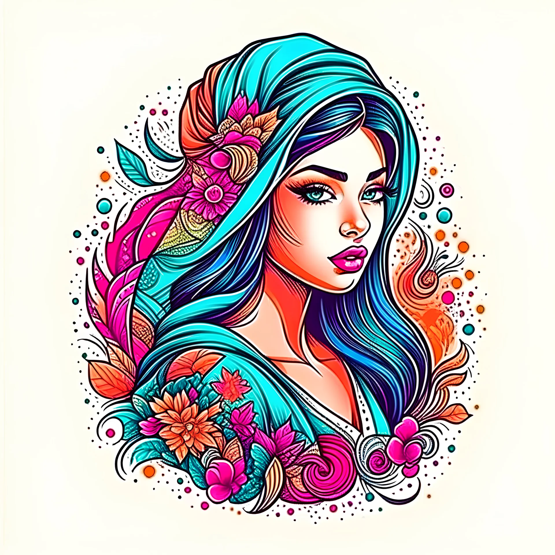 trippy logo design of a beautiful persian female drawings in colorful ink vector images, floral, 3d, beautiful pattern, bunchy