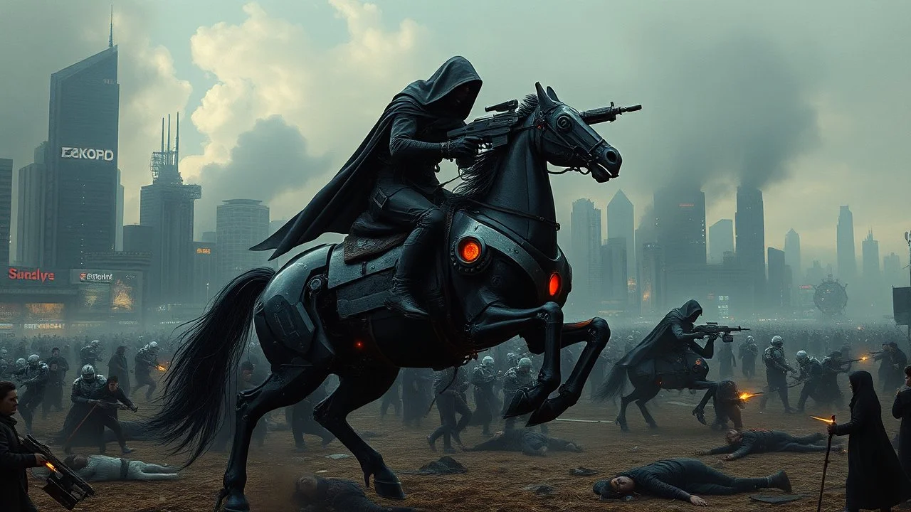 cyberpunk interpretation of Bruegel's "The Triumph of Death", capturing the symbolic "harvest" of humanity. this is terror. A dystopian metropolis under smog sky, where cybernetic soliders reapers are executing physical harvest and many of humans citizens killed army of cyberwarrior androids and robots, panicking running people, many bodies lying on the ground. a cyber-death warrior in black hood with futuristic gun on a mechanical robot horse, thriller, detailed, cinematic