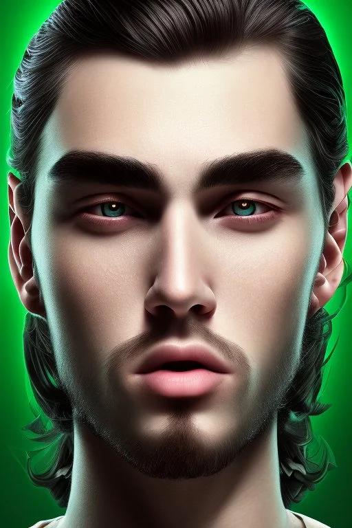 4K Ultra-HD -- a man, long black hair, extreme slanted eyebrows, green eyes, thick lips, square jaw, dent in chin, goatee, --4k Ultra-HD--Hyper realistic--Cinema lighting