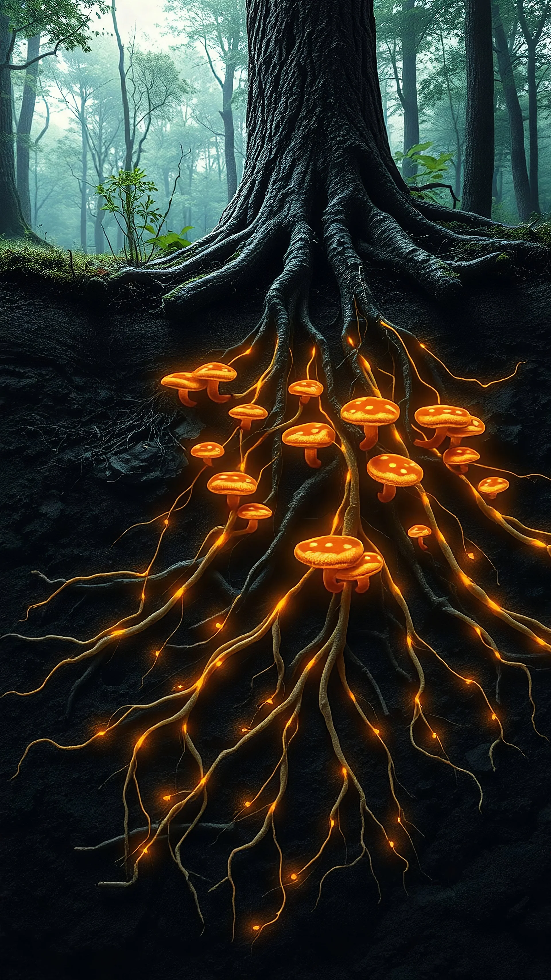 Underground Network (10-15 seconds): "An artistic cross-section of the forest floor, revealing a network of mycorrhizal fungi intertwining with tree roots, with nutrient flow visualized through glowing lines, hyper-realistic."