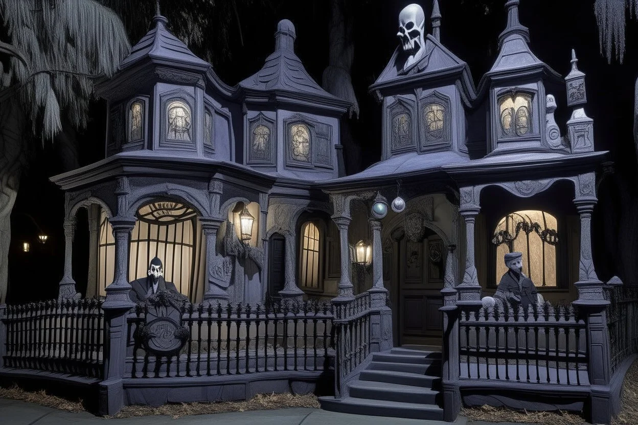 A grayish violet haunted mansion with Jack-o'-lanterns and ghosts designed in Javanese shadow puppets