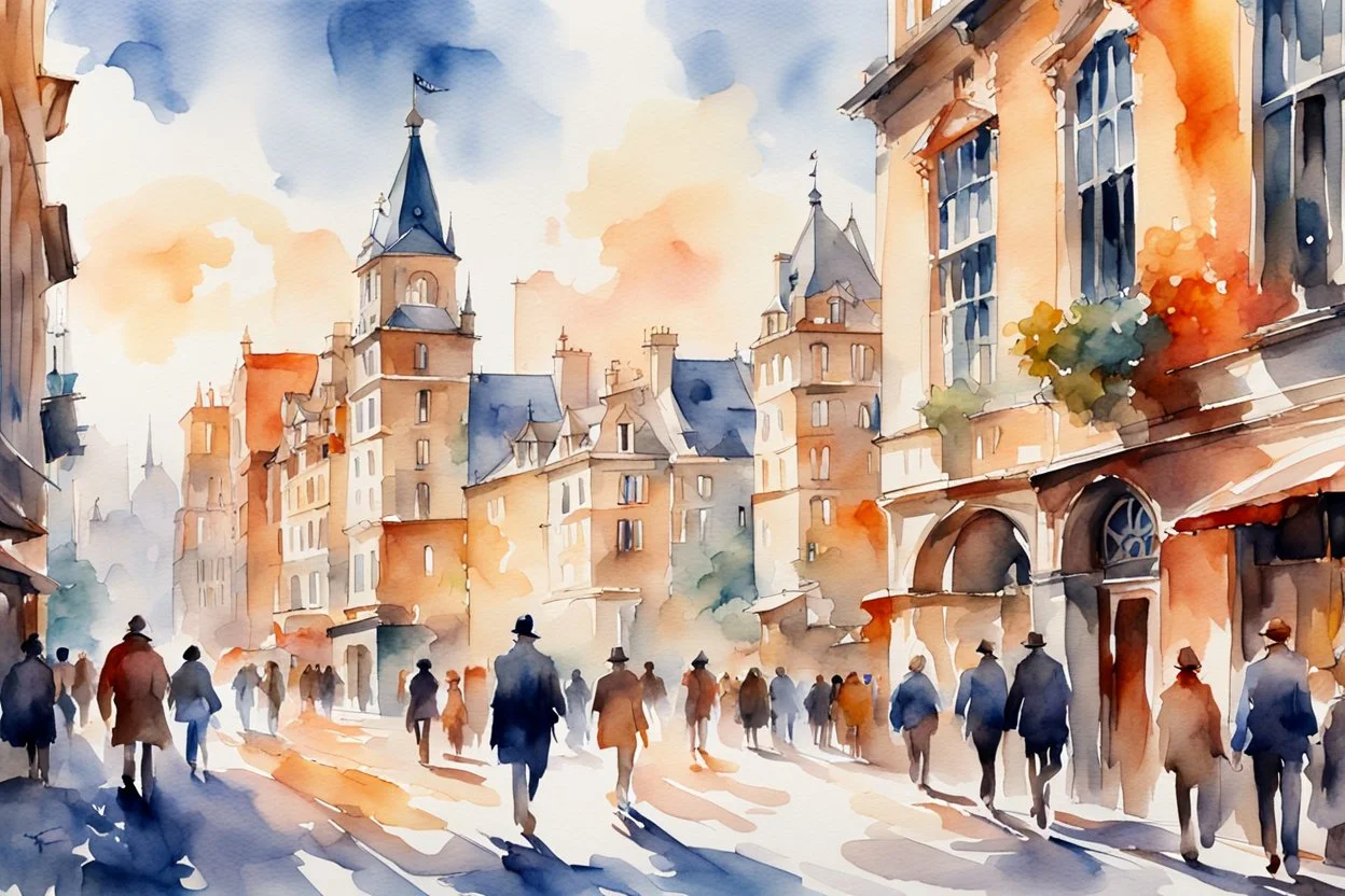 beautiful watercolor painting of famous structures, european cities, and buildings, people on the street, 16k, ultra HD, sunlight