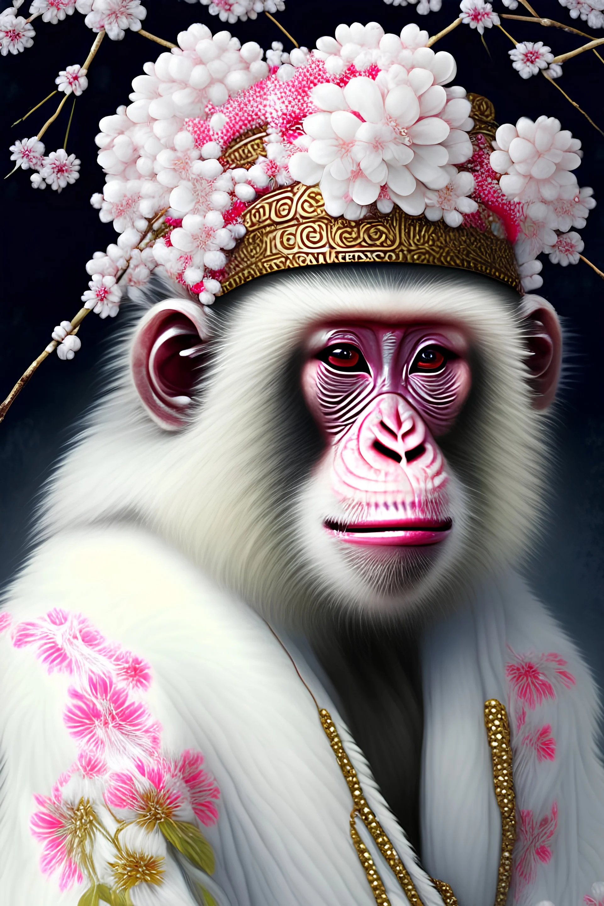 Beautiful japanese macaque in thermal water portrait wearing japanese style headress camelia and cherry blossom floral, black beads, white snowy earls headdress, organic bio spinal ribbed detail of snowy japanese floral costume, background extremely detailed hyperrealistic concept art